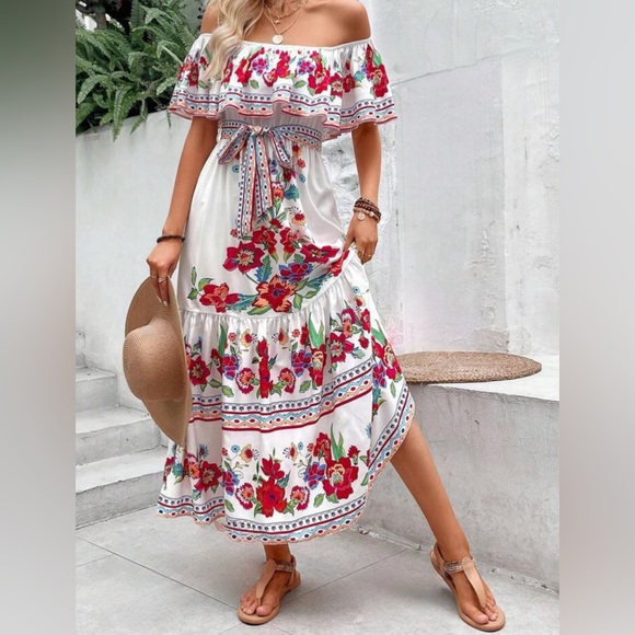 Women’s Boutique Floral Print off the shoulder Ruffle Hem Belted Dress. XL. NWOT - Picture 3 of 8